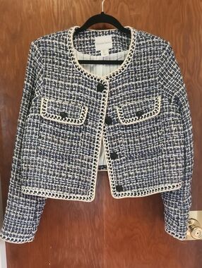 Christian Lacroix Navy and White Tweed Cropped Boxy Blazer